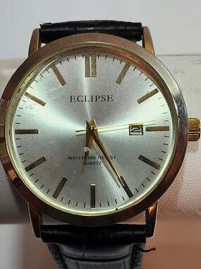 Eclipse Men's Gold Tone Quartz Watch with Black Leather Strap and Date Indicator